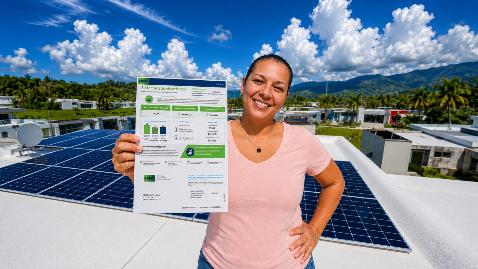 Clienta sonriendo en su techo con paneles solares, sosteniendo una factura de LUMA con Cantidad Total Adeudada de $4.00
