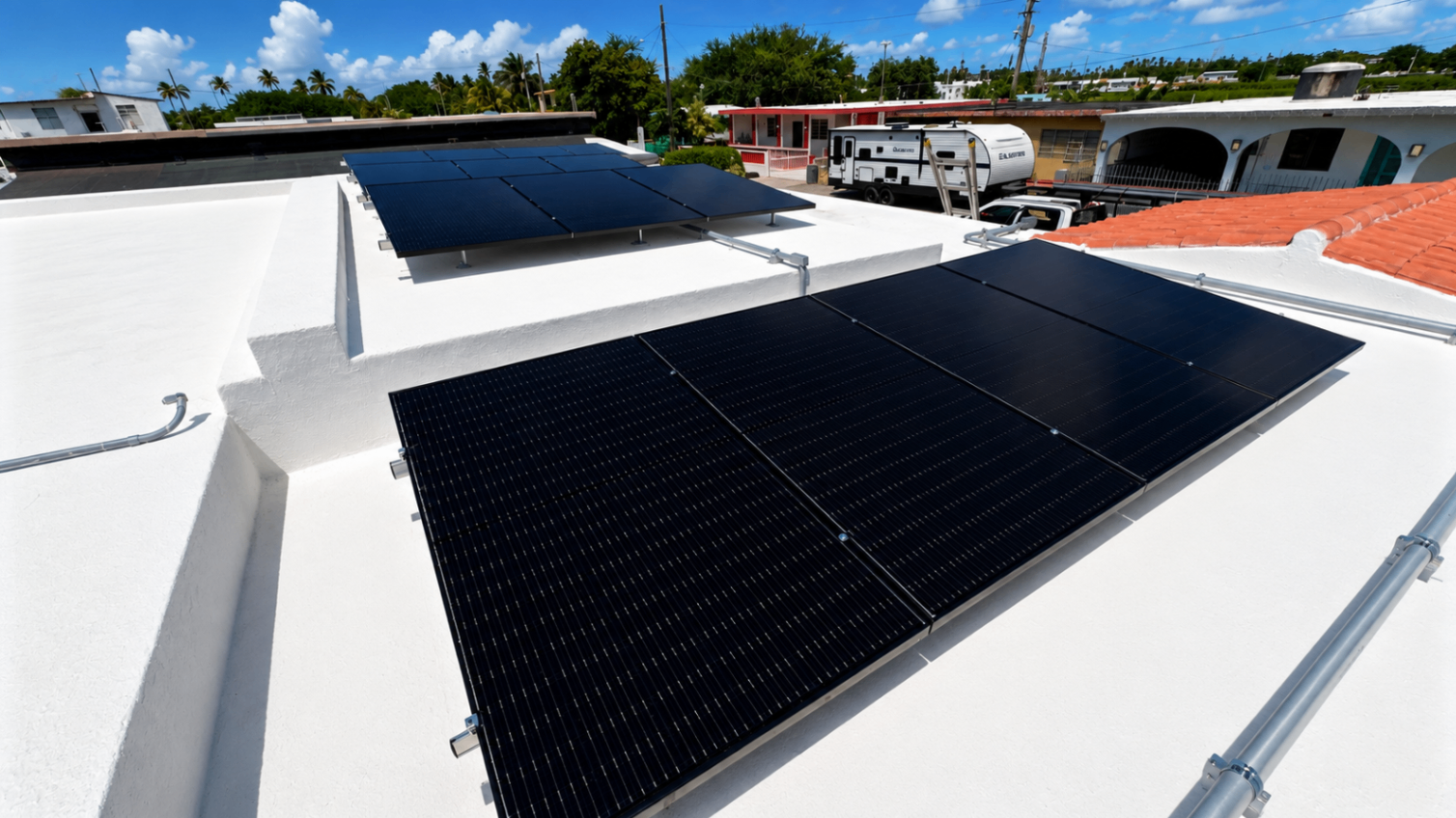 Paneles solares en techo blanco, vista panorámica